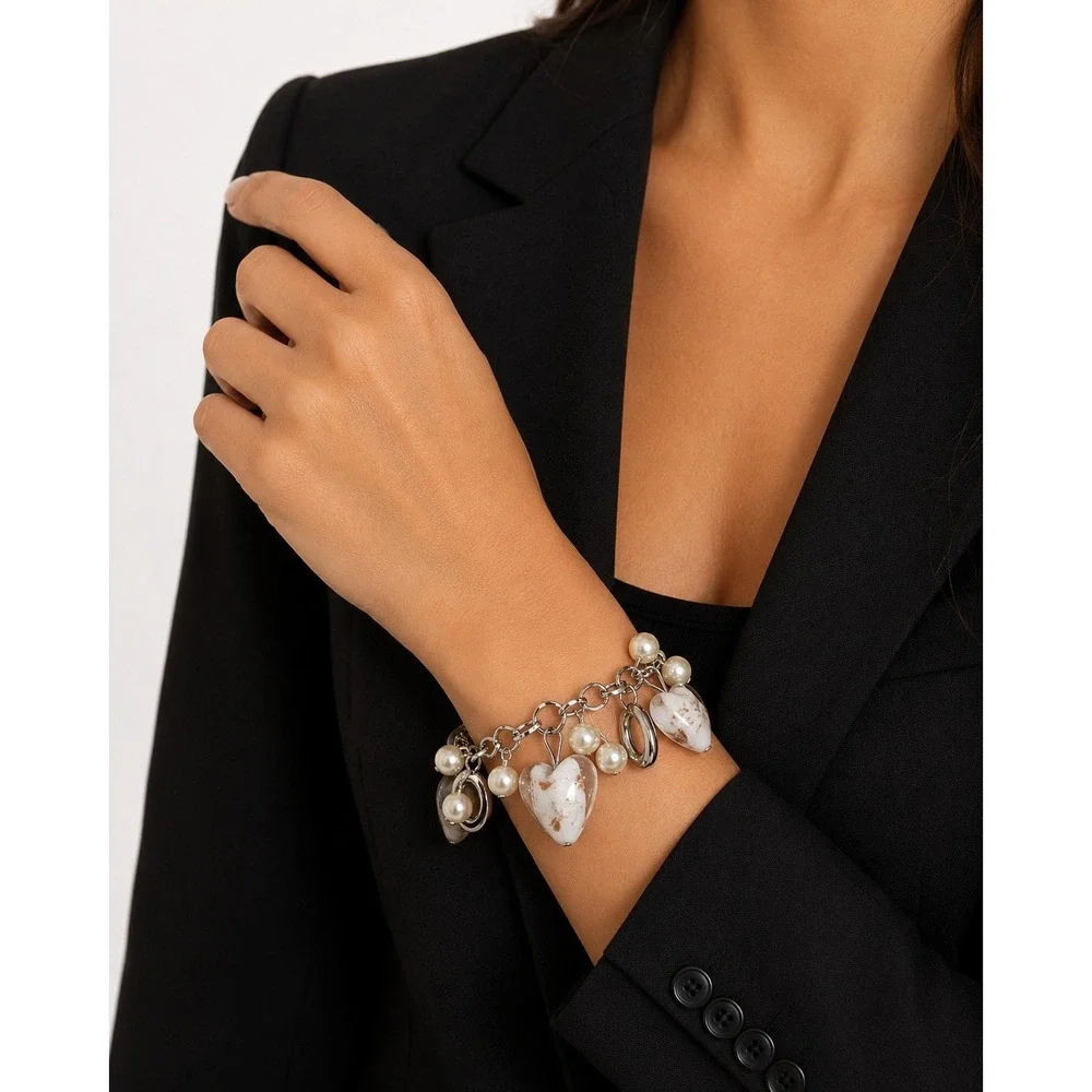 New Silver-Tone Heart Charm & Faux Pearl Chain Bracelet